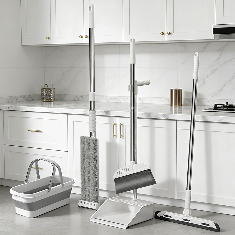 Kit completo de 5 peças com vassoura, pá, mop, balde e esfregão dispostos em cozinha moderna