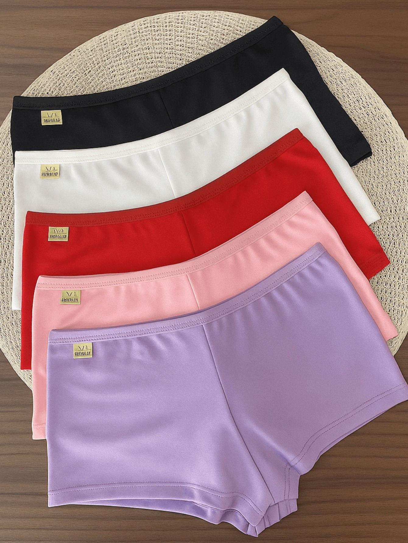Kit com 5 shortinhos cueca femininos em cores variadas dispostos sobre uma base redonda de palha