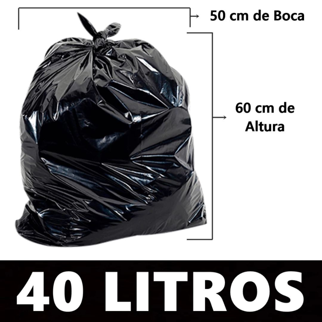 Saco de lixo preto de 40 litros amarrado com indicações gráficas de 50 cm de boca e 60 cm de altura.