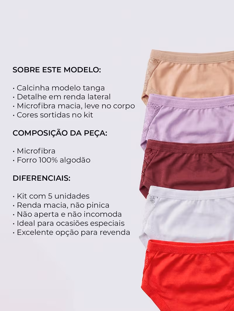 Descrição detalhada do modelo de calcinha tanga em microfibra com renda lateral, incluindo composição e diferenciais.