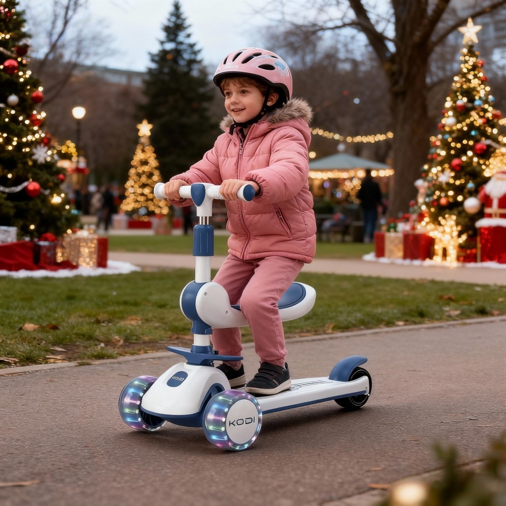 Criança de casaco rosa usando patinete KODI com assento em um parque decorado para o natal