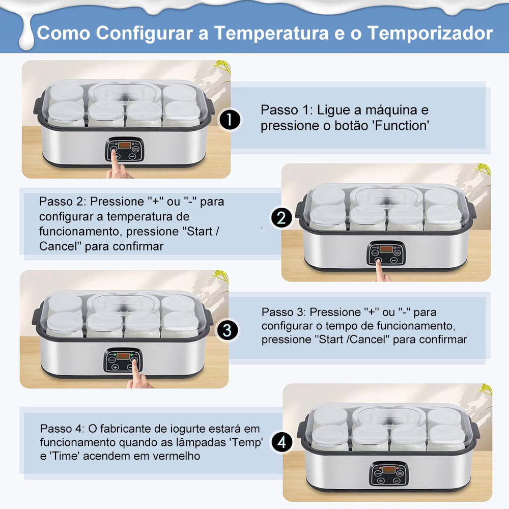Guia passo a passo ilustrado mostrando como configurar a temperatura e o temporizador no painel digital.