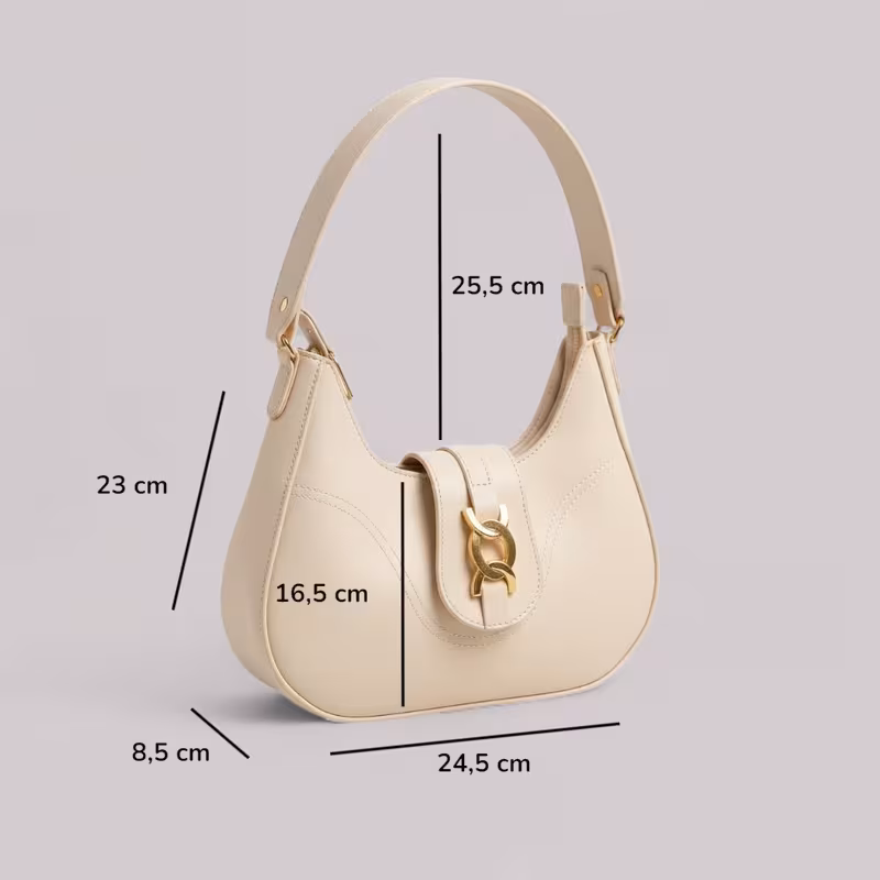 Bolsa baguete feminina bege com medidas técnicas indicadas na imagem
