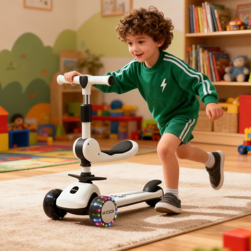 Criança vestindo moletom verde brincando com o patinete KODI dentro de uma sala de brinquedos