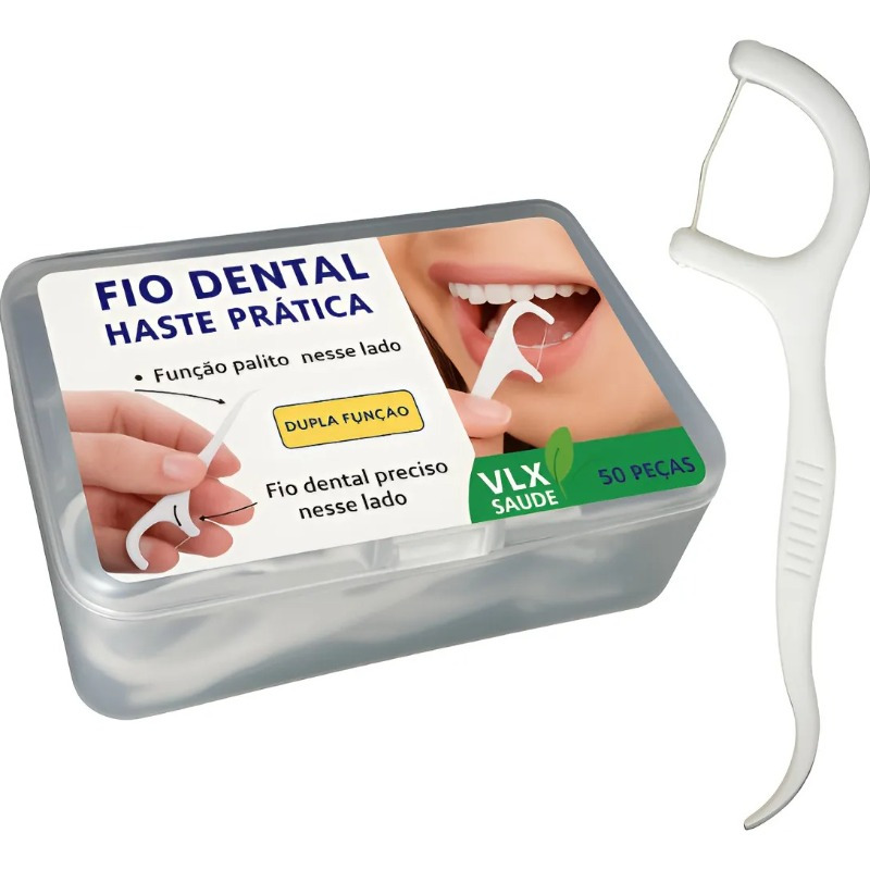 Caixa organizadora contendo fios dentais em arco com ilustração de uso e marca VLX Saúde