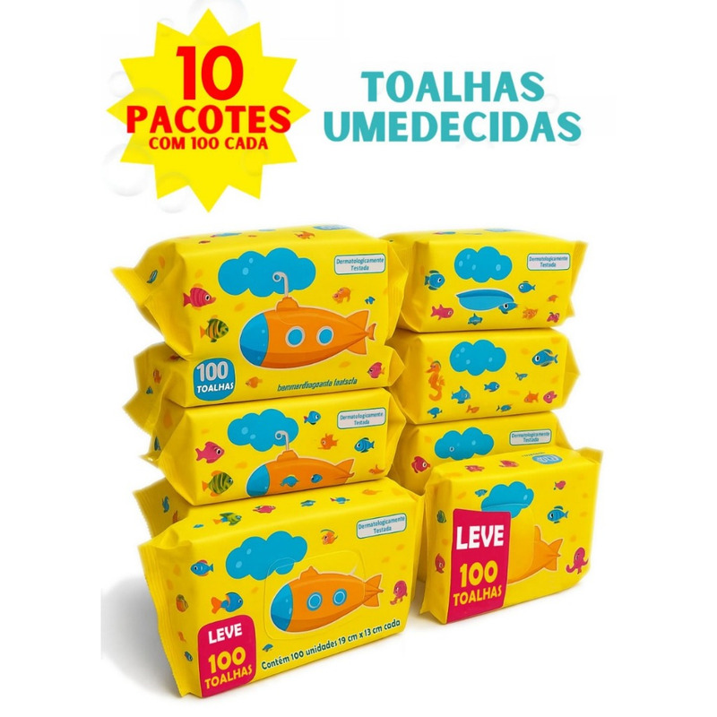 Conjunto de 10 pacotes de toalhas umedecidas com texto promocional indicando 10 pacotes com 100 unidades cada.