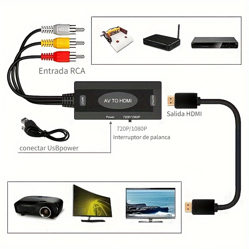 Convertidor AV a HDMI 1080P 720P para decodificador de ordenador a TV, cable  RCA macho de