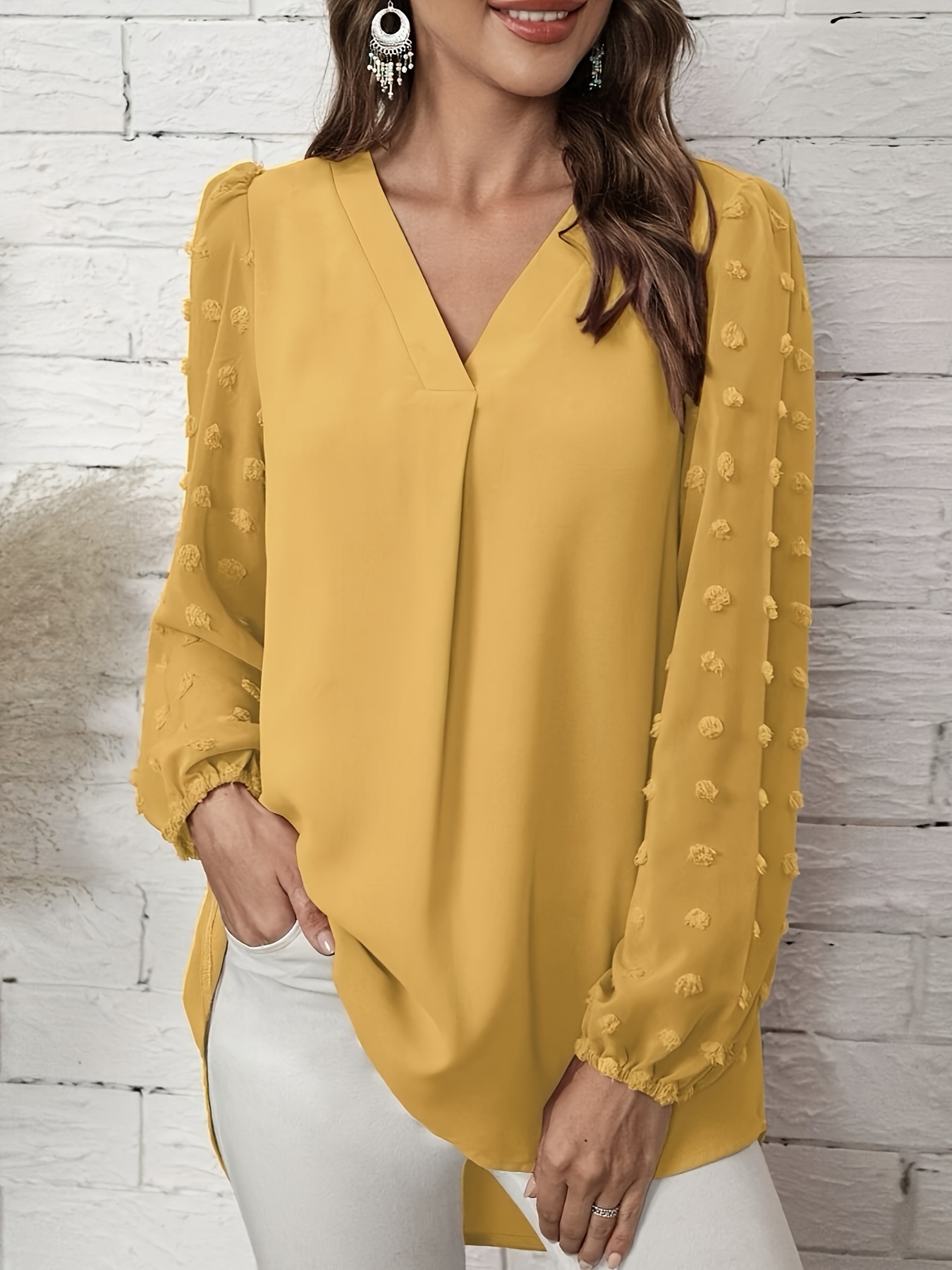 High Neck Solid Textured Blouse, Elegant Long Sleeve Comfy Blouse, Women's  Clothing