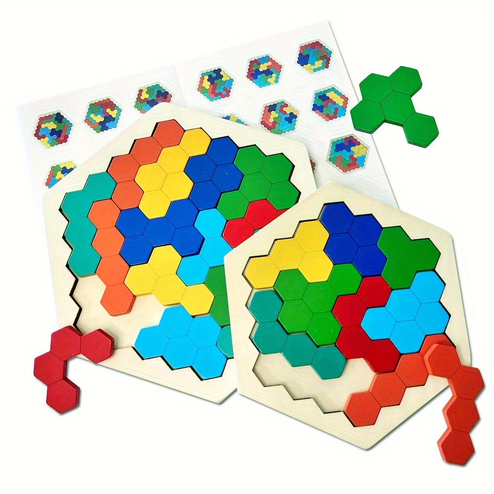  Rompecabezas hexagonal de madera para niños y adultos, bloques  de rompecabezas de cerebro, juegos de rompecabezas de forma de juguete,  bloque de patrón de tangram, geometría, lógica, IQ, STEM Montessori, regalo