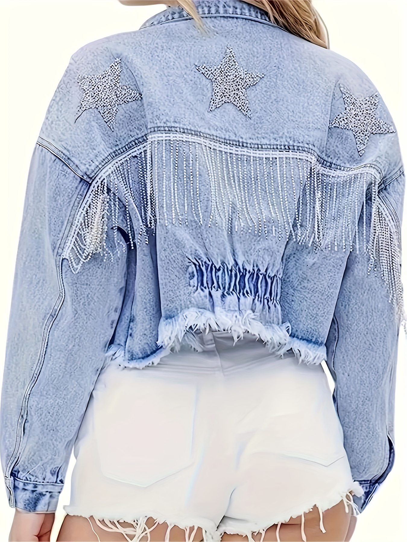 Trendy Girls' Glitter Sequin Tassel Hem Denim Jackets Collar