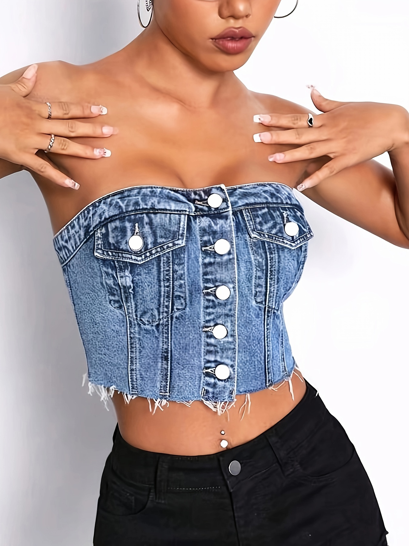 Women's Denim Corset Crop Top Denim Tube Top Push Up Sexy Button Up Jeans  Camisole Top : : Clothing, Shoes & Accessories