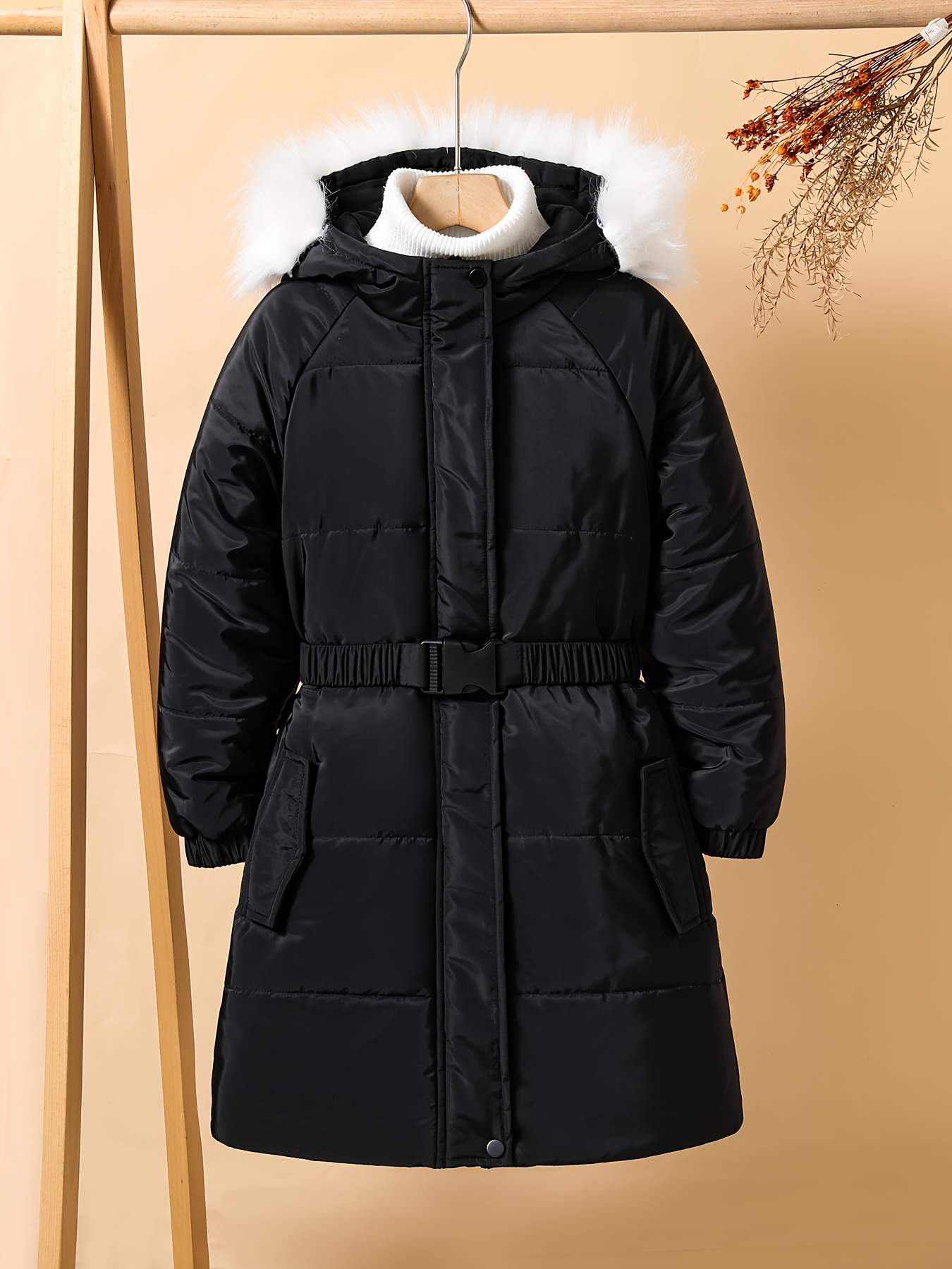 Girls Trendy Furry Hooded Collar Long Cotton-padded Jacket *-length Kids  Winter Clothes