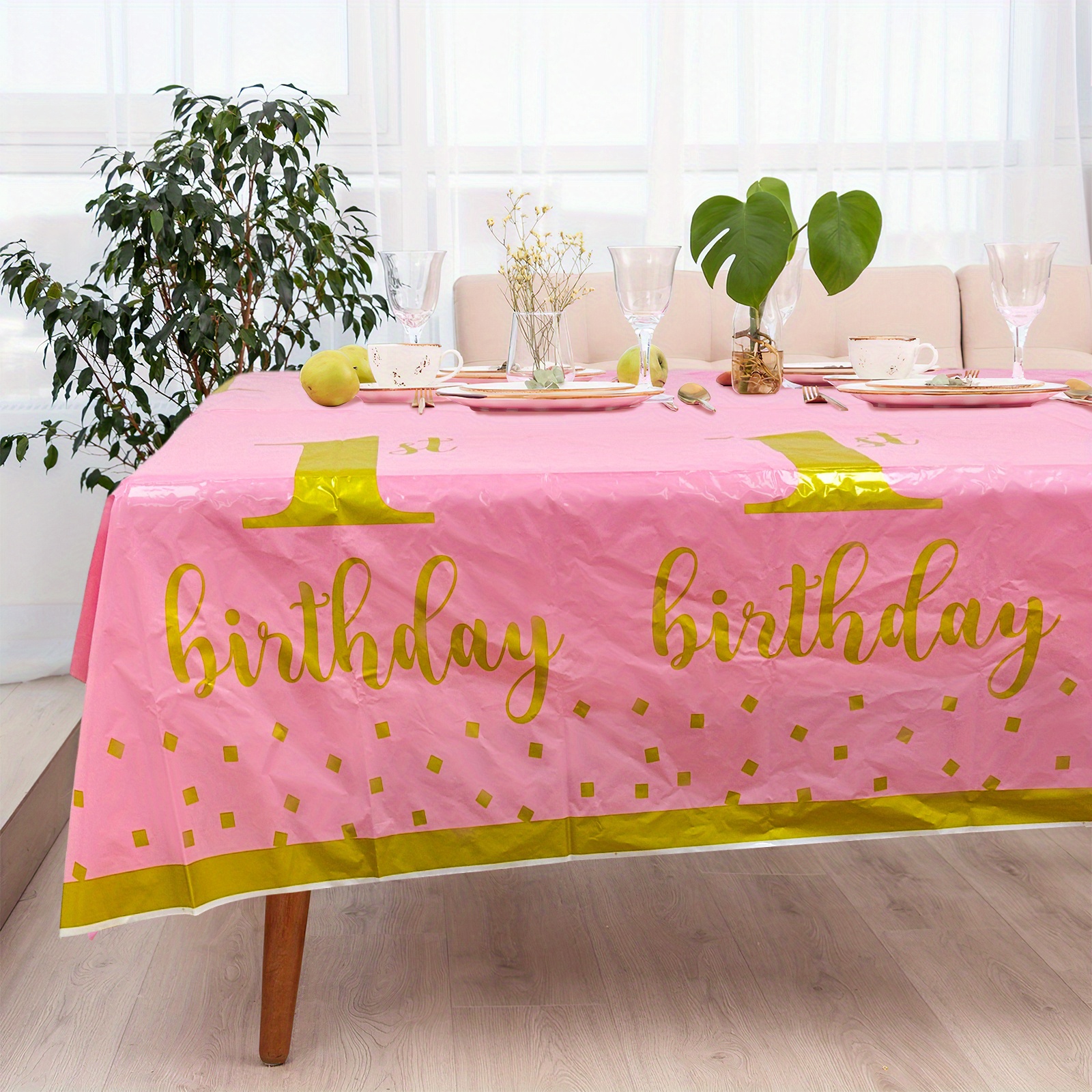 Mantel de fiesta de feliz cumpleaños rosa y plateado con diamantes