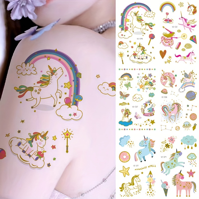 Pegatinas de tatuajes de unicornio arcoíris para niños, 10 hojas,  decoración de fiesta de cumpleaños, Tatuajes Temporales, suministros de  fiesta de unicornio - AliExpress