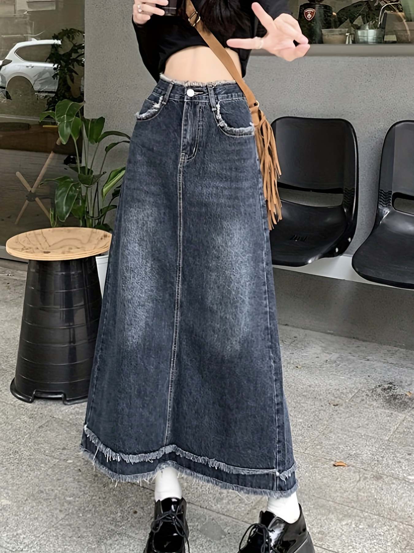 Frayed Hem Fade High Waist Denim Skirt Pocket Elegant A Line - Temu Japan