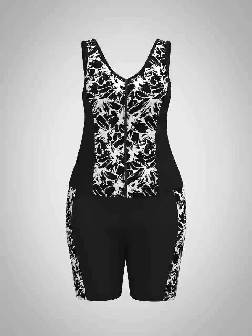 Plus Size Sporty Tankini Set, Women's Plus Floral Print Round Neck Tank Top  & Shorts Swimsuit 2 Piece Set