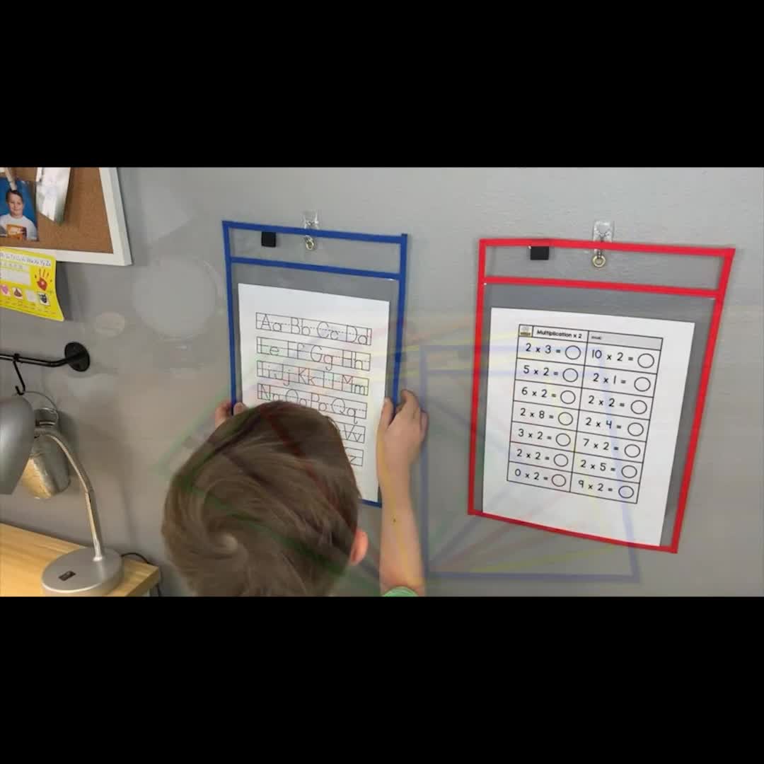 4 Sets Dry Erase Pockets Reusable with Marker Holder Colorful Sleeves