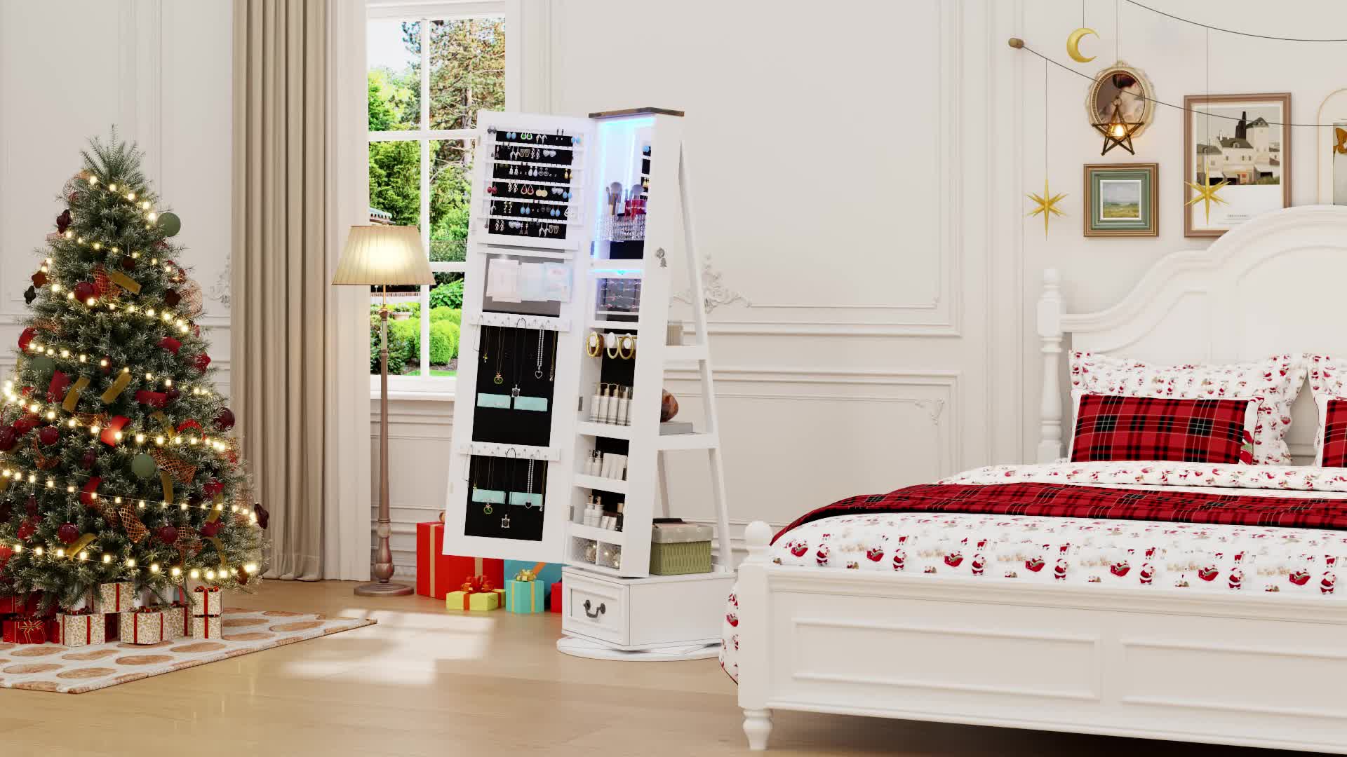 Lockable Vintage-Inspired 360° Swivel Jewelry Mirror Cabinet with Lights - Full Length Organizer with Storage Drawer for Bedroom Decor - Image 13