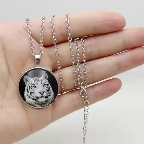 Unisex White Tiger Pattern Glass Pendant Necklace