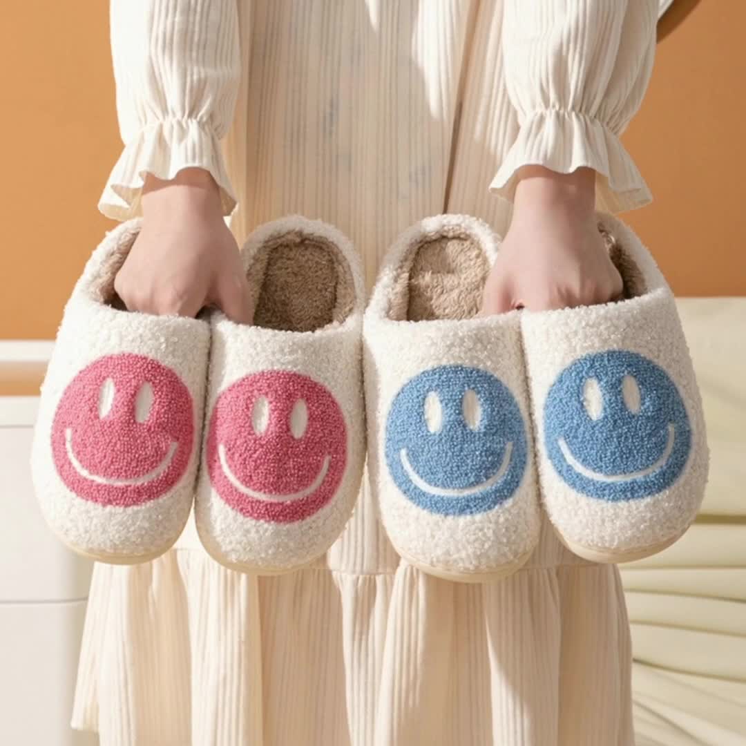 Women's Smile Face Design Slippers, Soft & Comfy Closed Toe Non