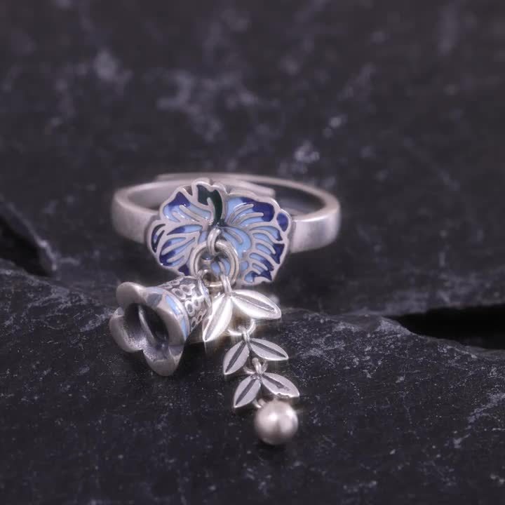 S925 Open Ring Epoxy Wheat Sheaf Flower Tassel Bell Retro Women's Ring