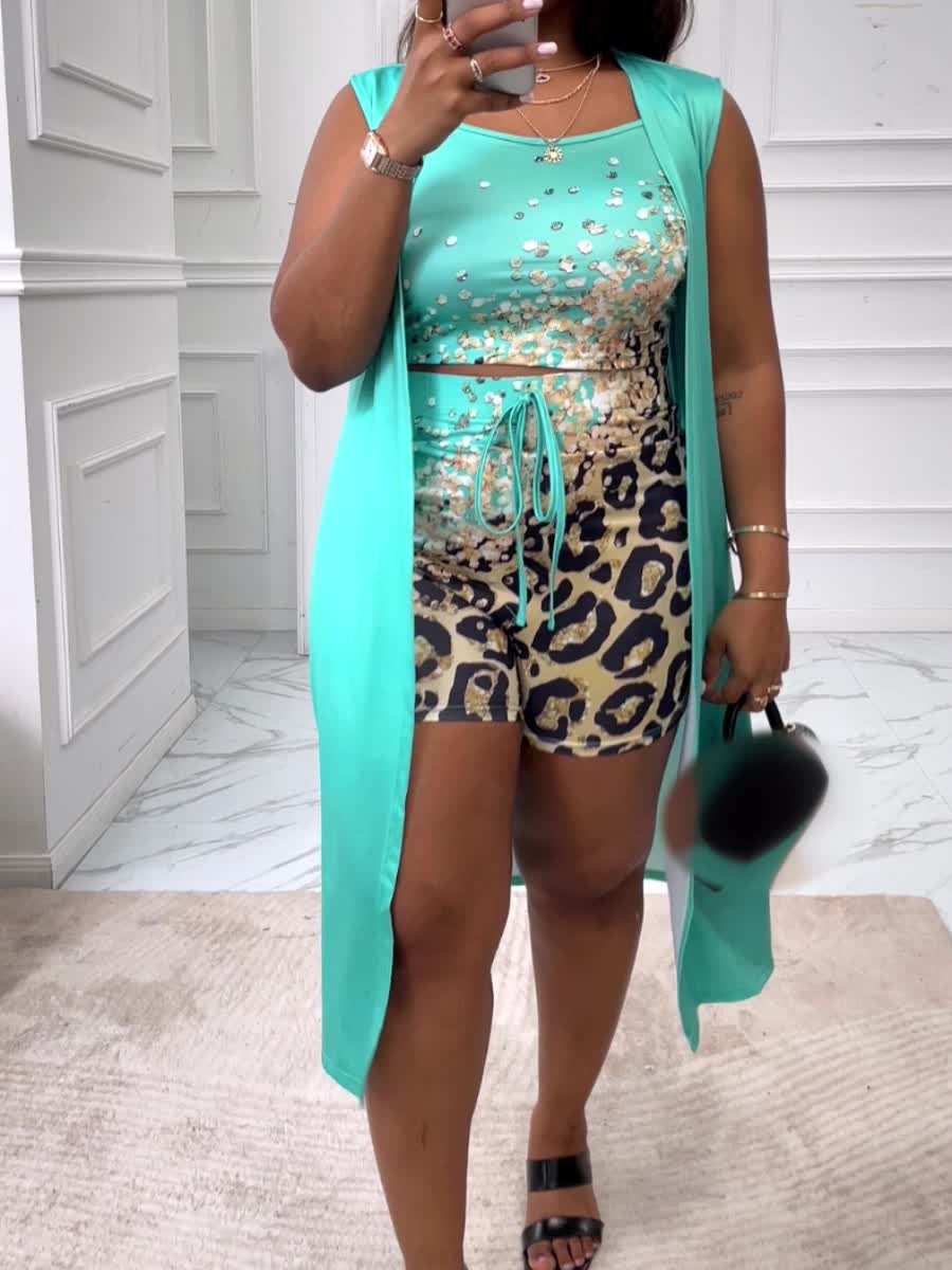 Leopard Print 3-Piece Set: Crop Tank Top, Long Vest & Drawstring Shorts
