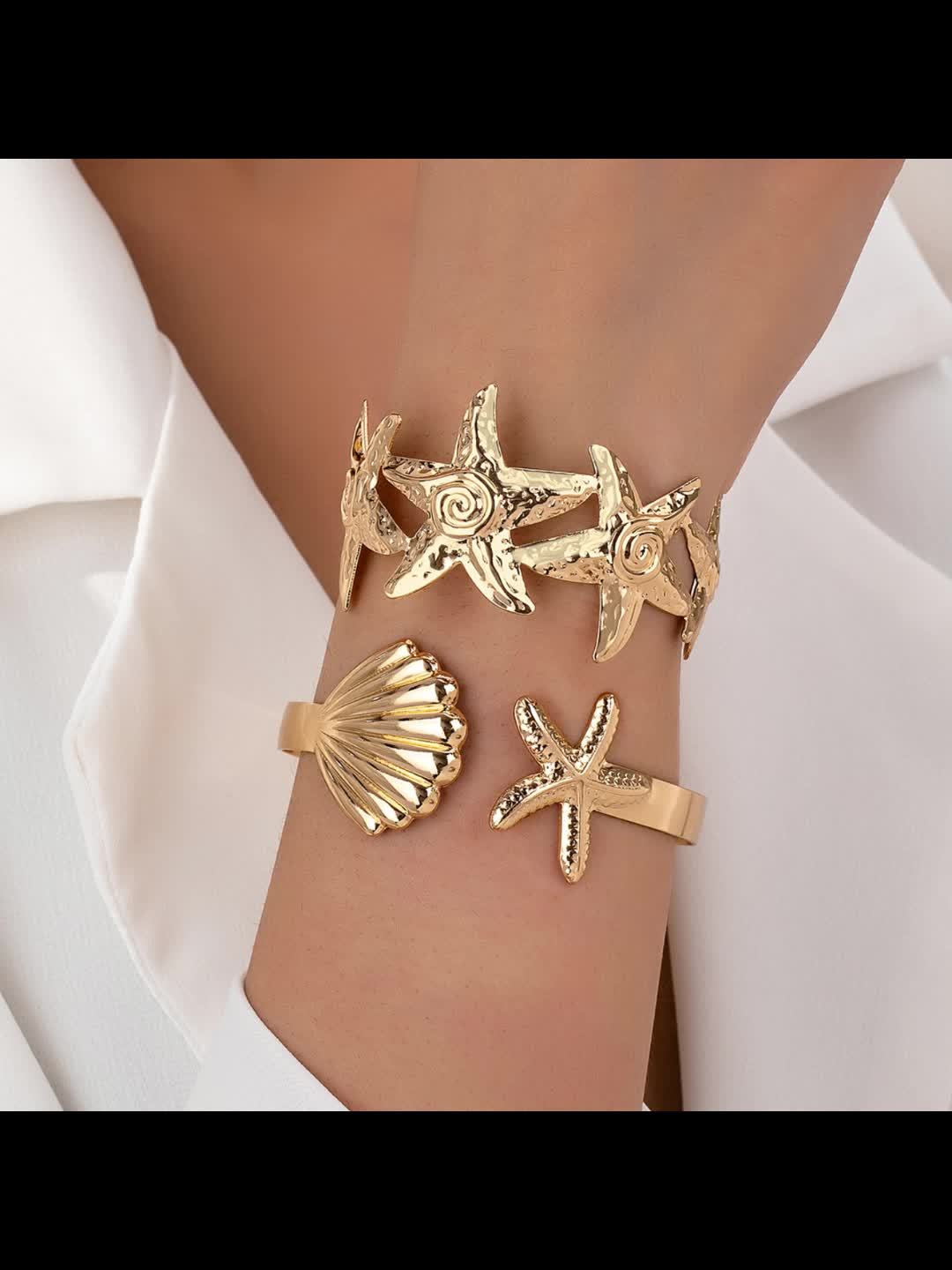 Nautical Starfish & Shell Bracelet Set Golden Tone Ocean Themed Ba