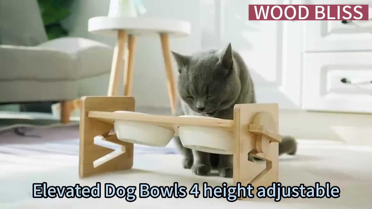 Wood Elevated Dog Bowls With Stand Adjustable Raised Puppy Cat