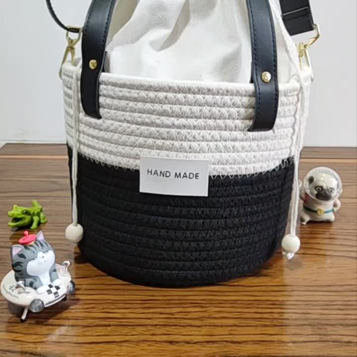 Colorblock Straw Bucket Bag Crossbody Drawstring Purse