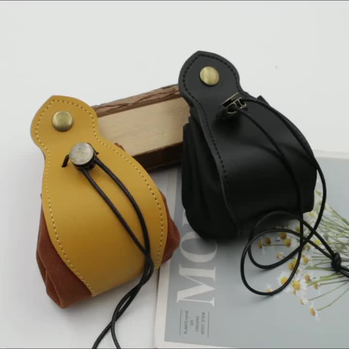 Yellow Black Leather Dice Bag with Drawstring