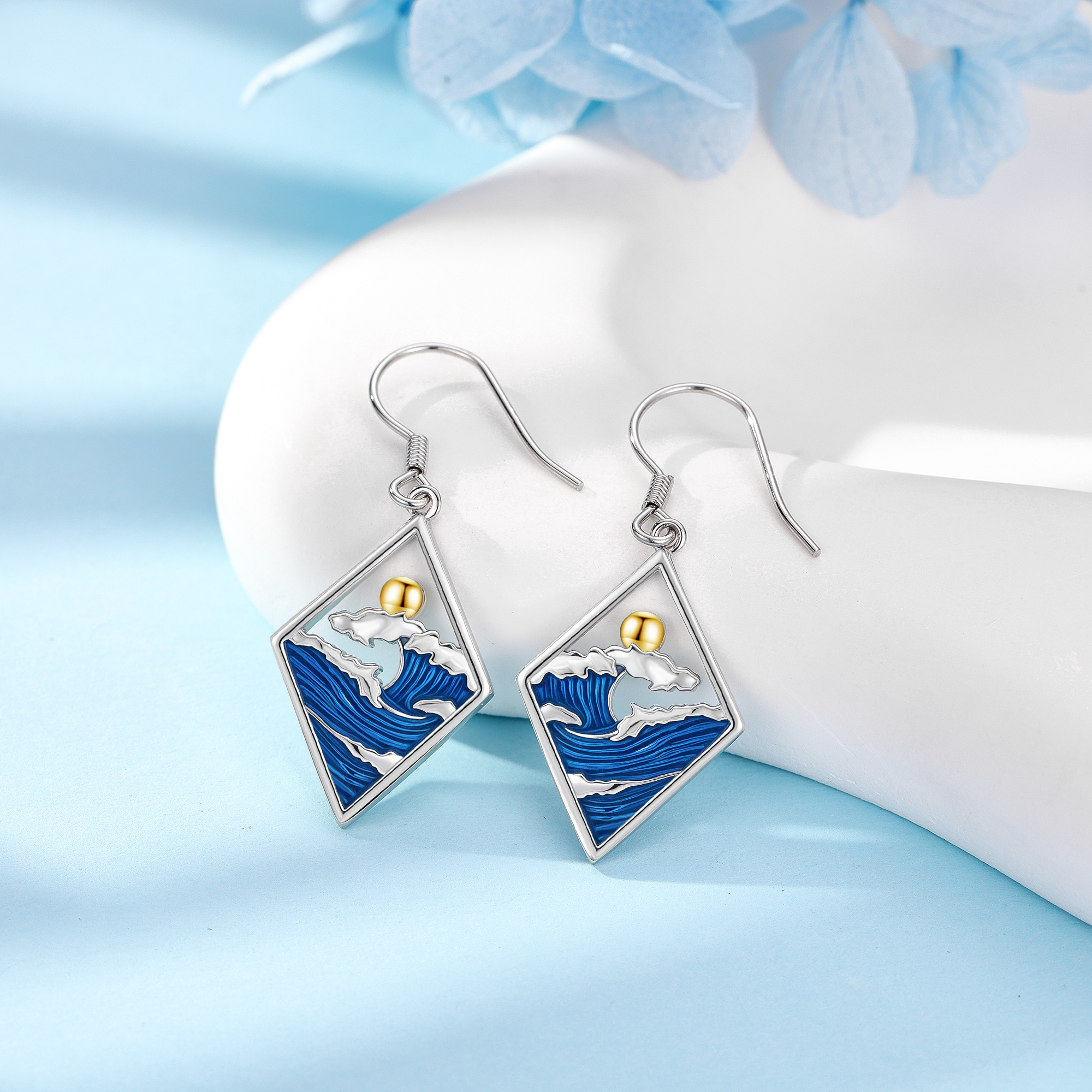 Women's 925 Sterling Silver Wave and Sun Dangle Earrings