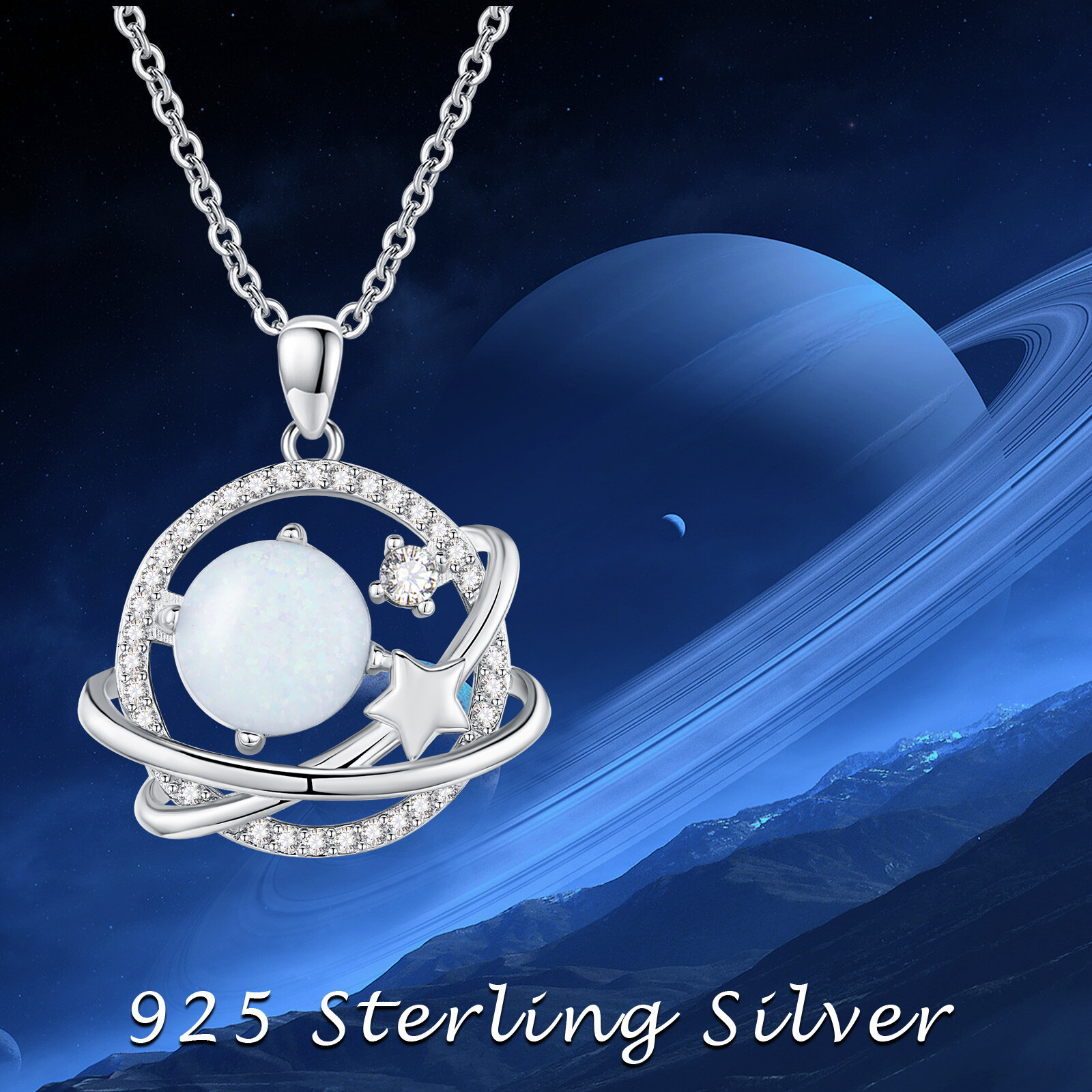 Saturn Necklace 925 Sterling Silver Opal Universe Pendant
