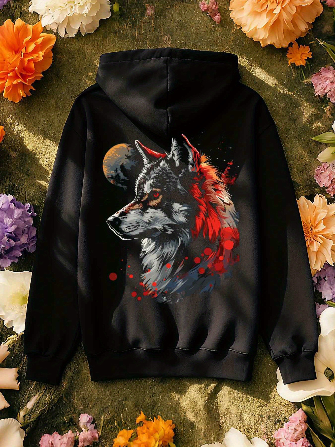 Dames Wolf & Rode Roos Graphic Hoodie - Zwarte Winter Warme Trui met Capuchon met Trekkoord, Zacht Duurzaam Materiaal, Gezellige Herfst & Winter Casual Lange Mouwen