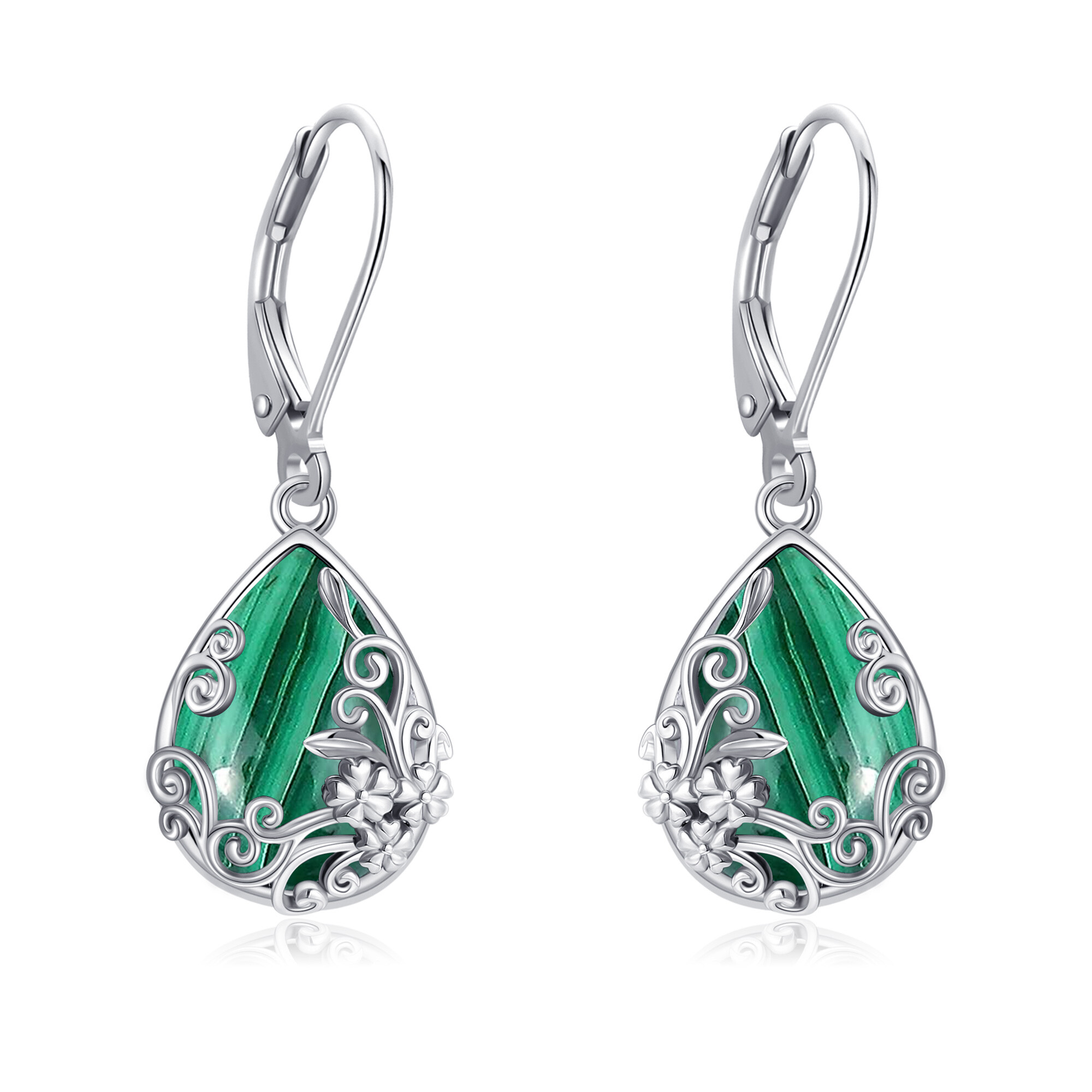 Image of 925 Sterling Silver With Synthetic Malachite, Malachite Floral Wire Pendant Earrings, Vintage And Unique Women's Earrings, Skin-friendly And Hypoallergenic, Suitable For Everyday Wear