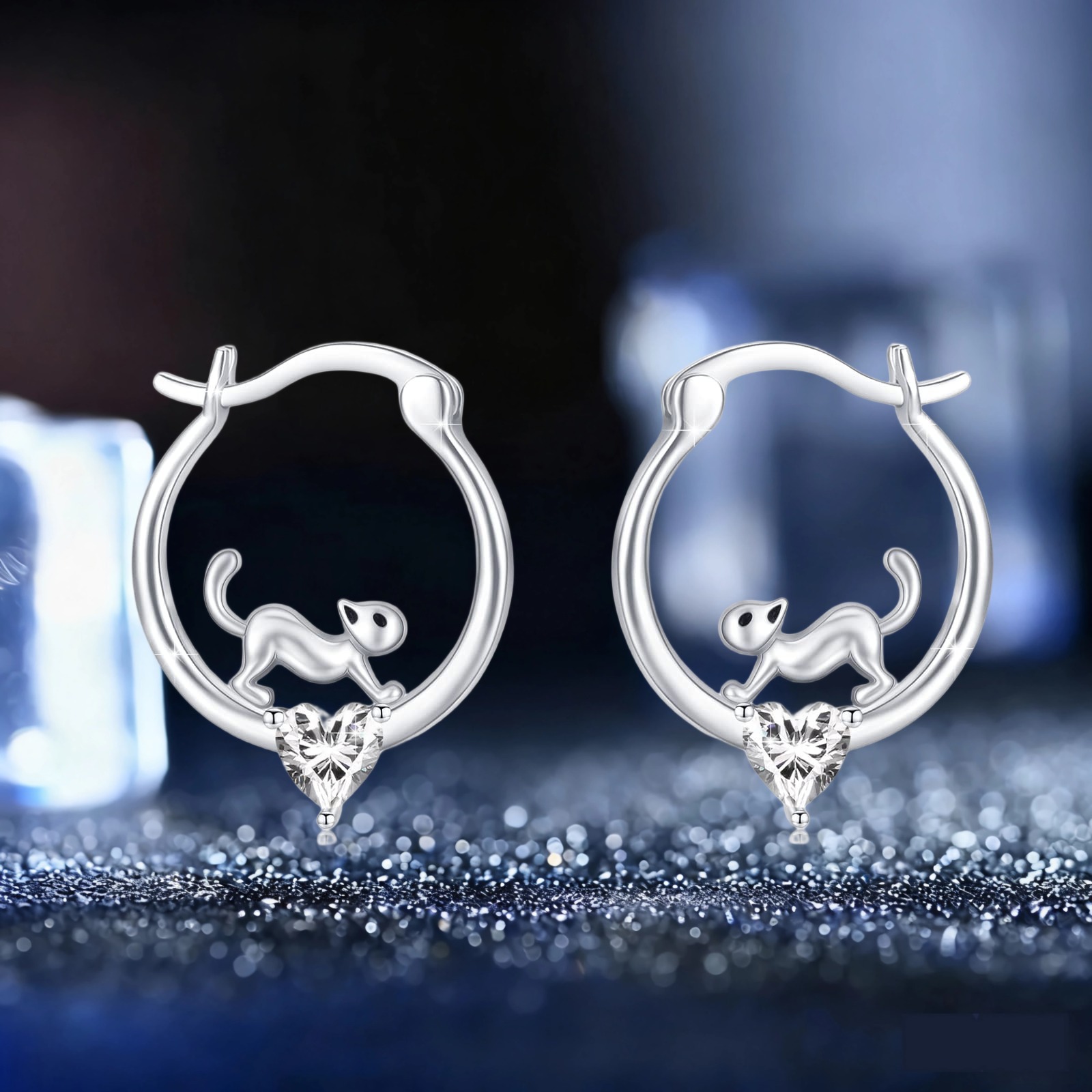 Image of 925 Sterling Silver Hoop Earrings Featuring A Cat With Synthetic Cubic Zirconia, Perfect As A Gift For Women And Celebrating Graduation