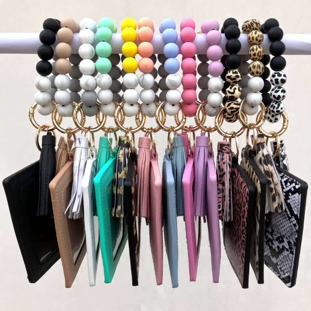 Wristlet Key Ring Lanyard Key Ring Silicone Car PU Tassel Card Case Wallet Beaded  Bracelet With Card for Women and Girls 