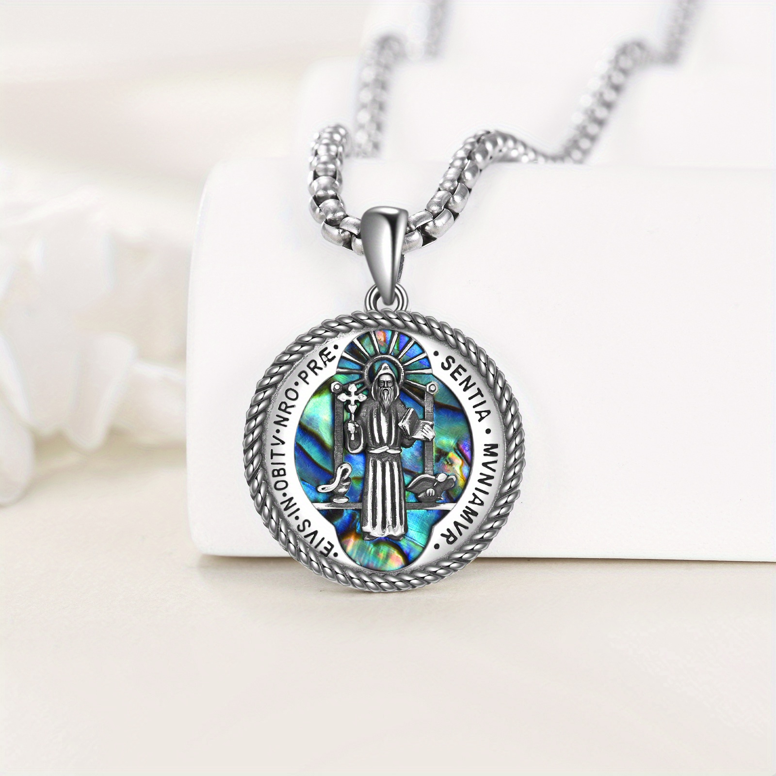 Women's 925 Sterling Silver Saint Benedict Medal Necklace with Abalone Shell