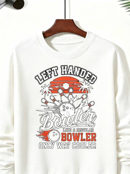 item picture bowling lover graphic crew neck sweatshirt for men funny left handed bowler with palm trees and distressed bowling balls print vintage distressed style casual daily wear