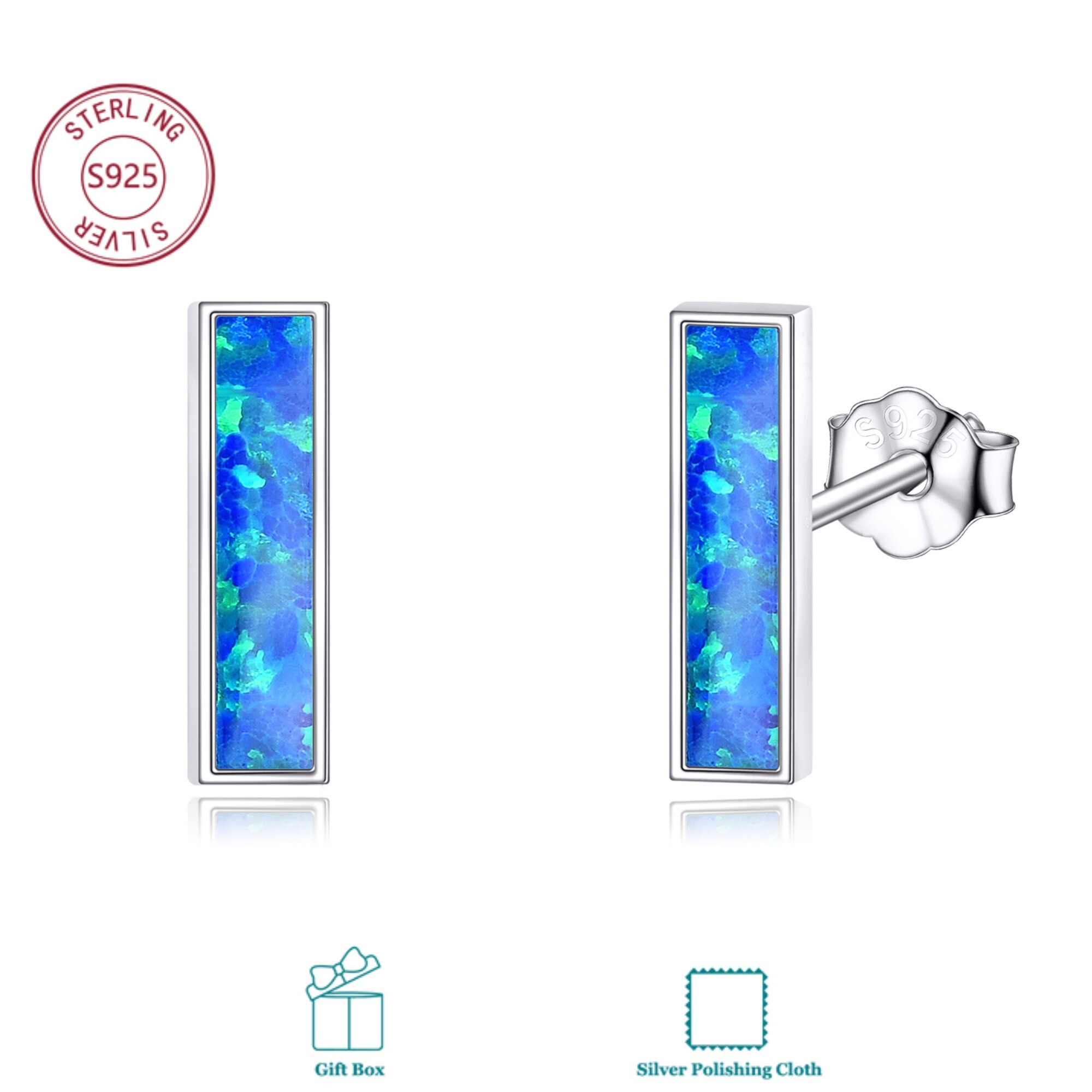 Image of S925 Sterling Silvery Bar Earrings With Synthetic Opal Daily Wear Gift Christmas Gift Birthday Gift For Hypoallergenic