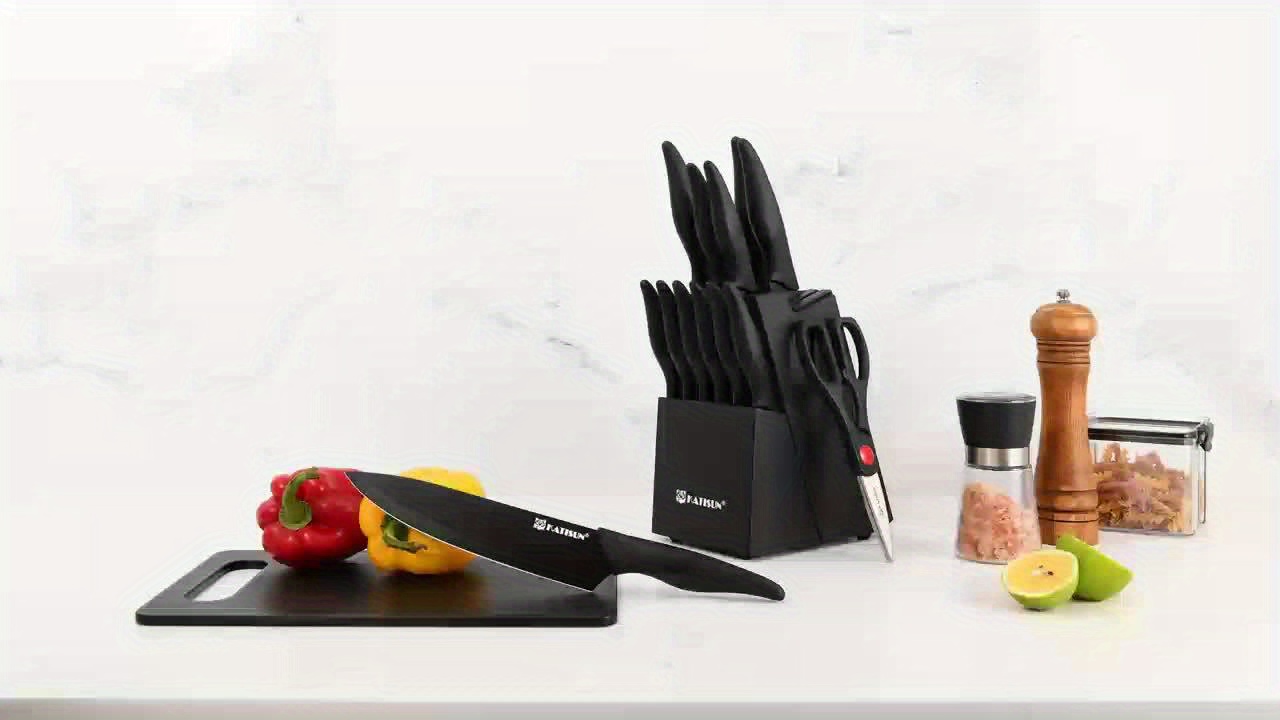 Professional Kitchen Knife Set, 15 pcs Black-Coded With Black Wooden Block, Non-Slip ABS Handle Chef's Knife Plastic Cutting Board And Kitchen Shears, Ideal For Home And Restaurant Use, The Perfect Gift For Thanksgiving Christmas And New Year 8 Professional Kitchen Knife Set, 15 pcs Black-Coded With Black Wooden Block, Non-Slip ABS Handle Chef's Knife Plastic Cutting Board And Kitchen Shears, Ideal For Home And Restaurant Use, The Perfect Gift For Thanksgiving Christmas And New Year - Image 8