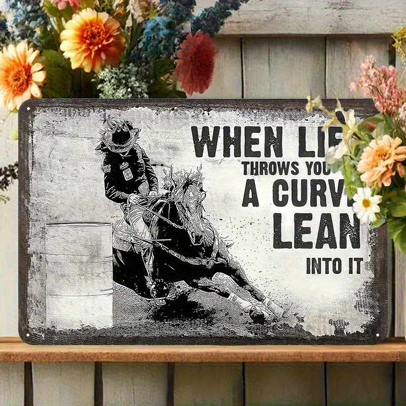TEMU 1pc " Throws You A Curve Lean " Motivational Metal Wall Sign - Vintage Western Cowboy & Horse Rustic Iron Art 8x12 Inch With Pre-drilled Holes,