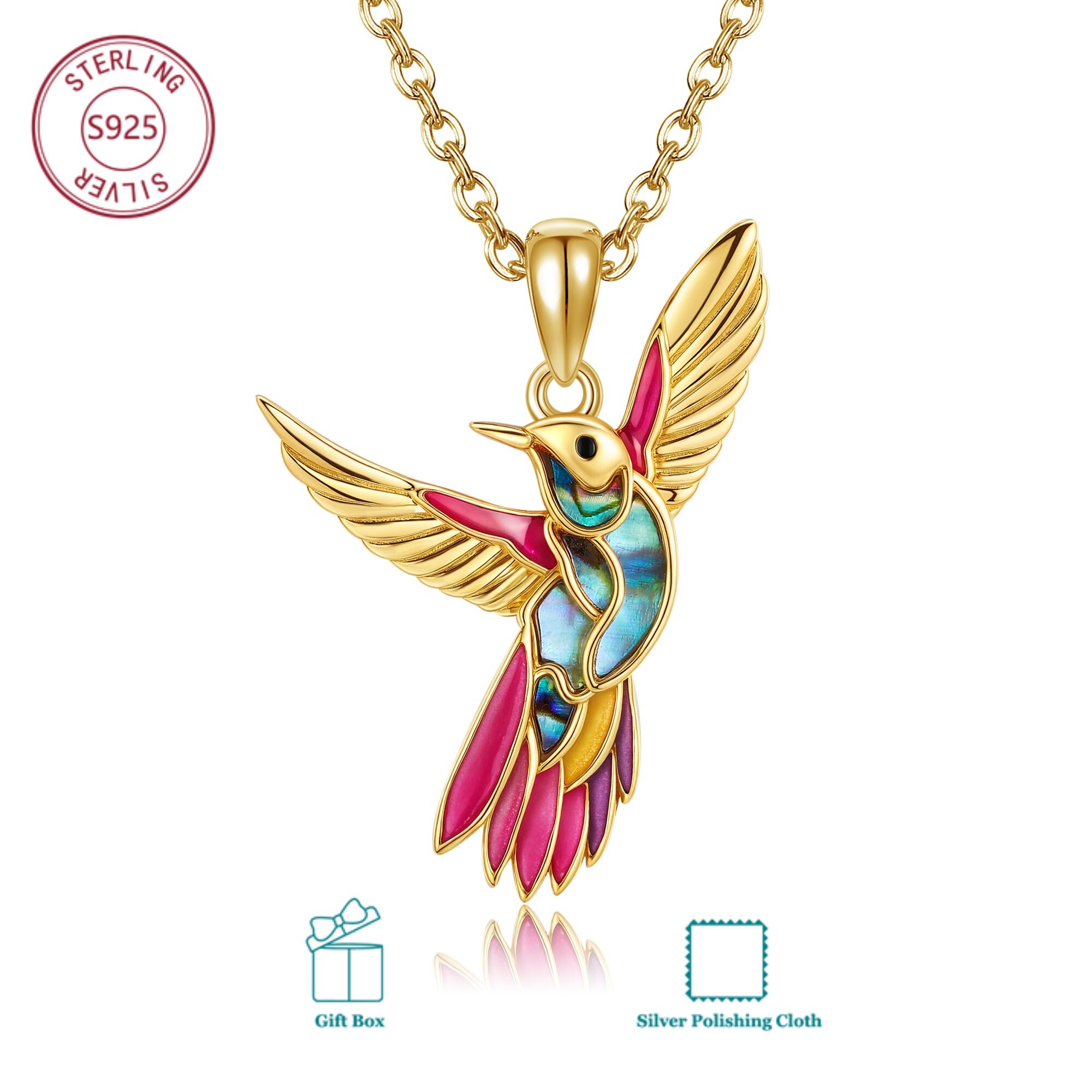 Image of S925 Sterling Silvery Plated 18k Golden Hummingbird Necklace With Abalone Shell Daily Wear For Men And Women Birthday Gift Christmas Gift For Hypoallergenic