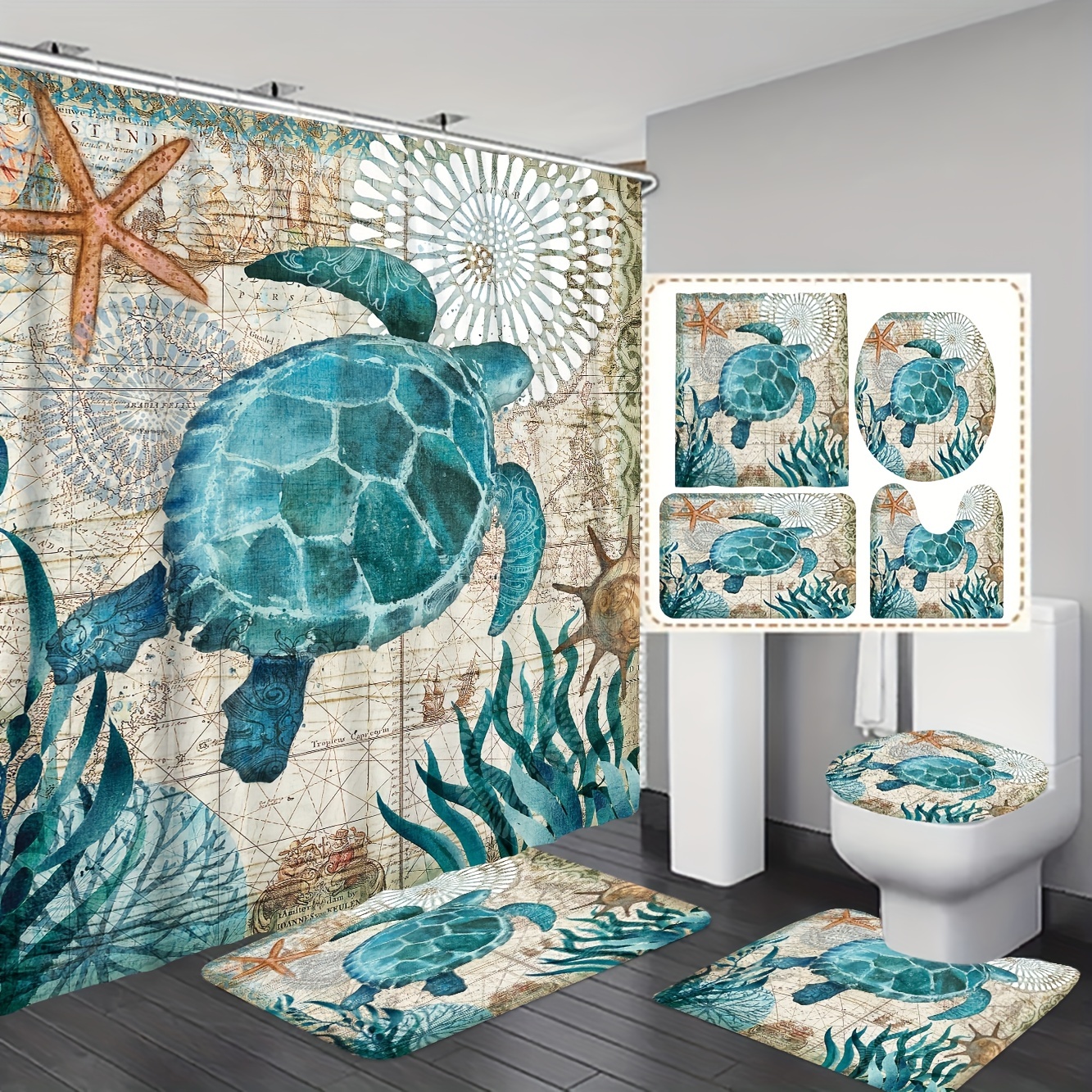 Turtle Starfish Coral Bathroom Set, Waterproof Mildew Resistant Shower  Curtain With 12 Plastic Hooks, Non-slip Bathroom Floor Mat, Toilet U-shaped  Mat, Toilet Lid Mat, Ocean Marine Bathroom Decorations, Bathroom  Accessories - Temu