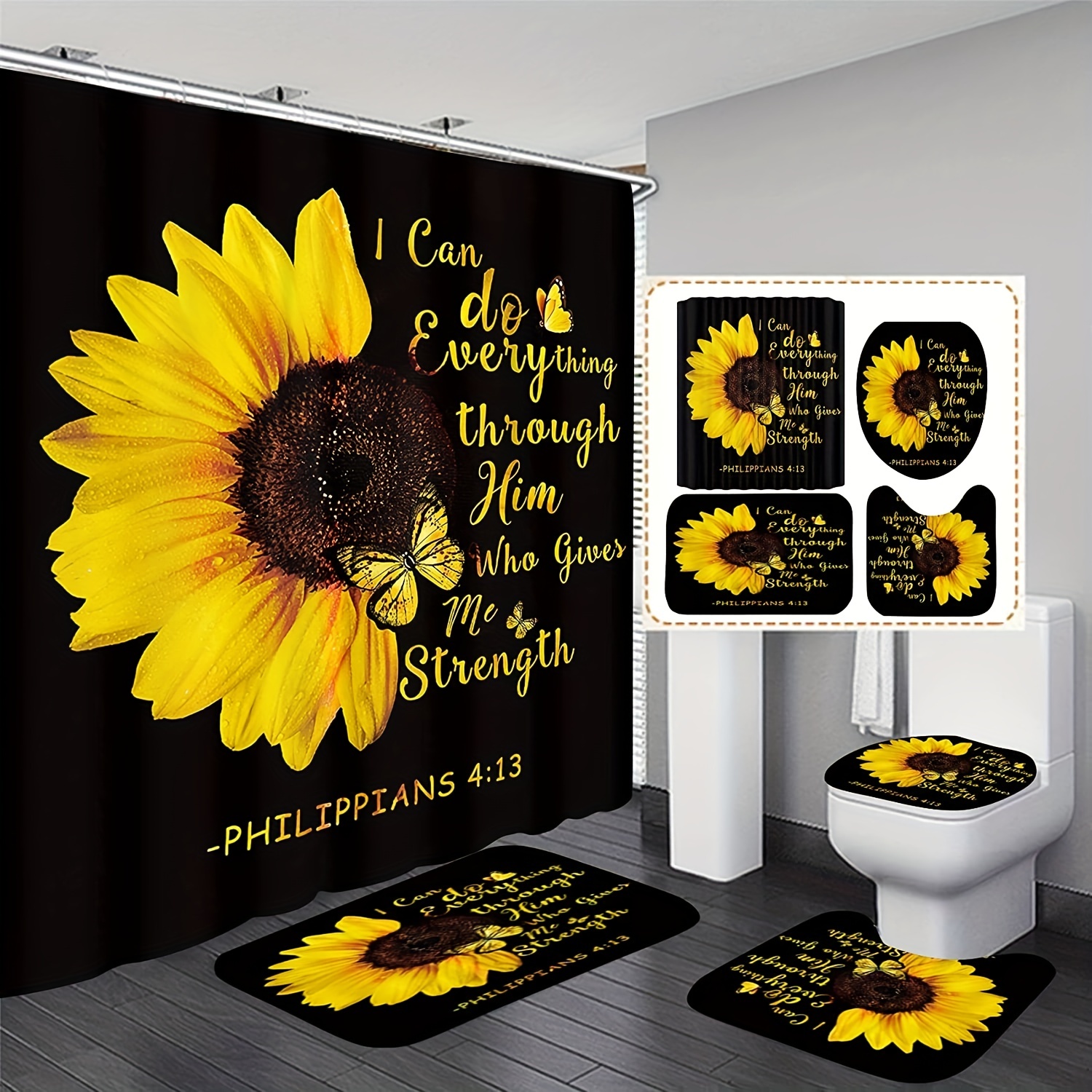 Sunflower Black Kitchen Rugs and Mats Set of 2, Spring Summer