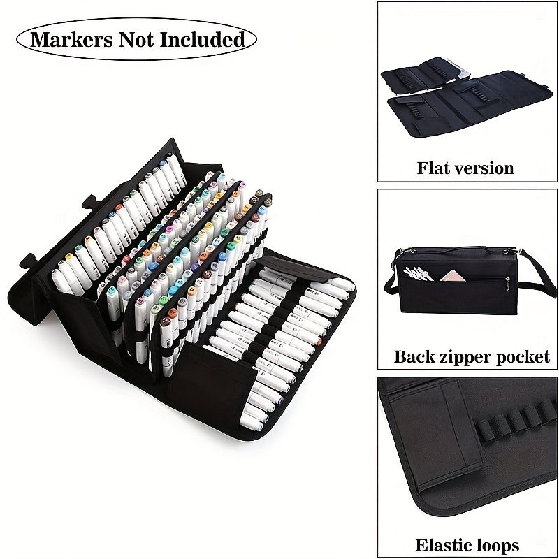 chfine Portable Large Capacity Marker Case, Black Canvas Pen Storage Bag  Zippered Pencil Organizer with Carrying Handle Hold 80-90Pcs Markers Pens  or