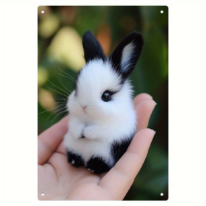 TEMU 2d Flat, [2d Flat] Decorativesign, Plaque, Vintage Black White Metal Wall Art Miniature Chibi Style Bunny With Black Earsclassic Design, Funny