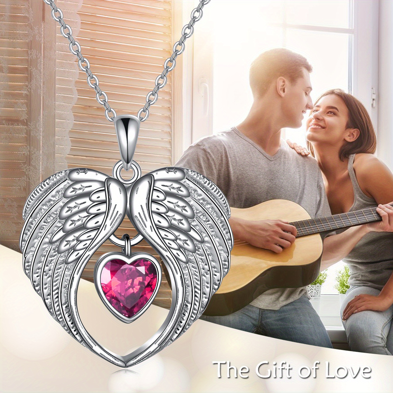 Women's Silvery Angel Wing Pendant Necklace with July Birthstone