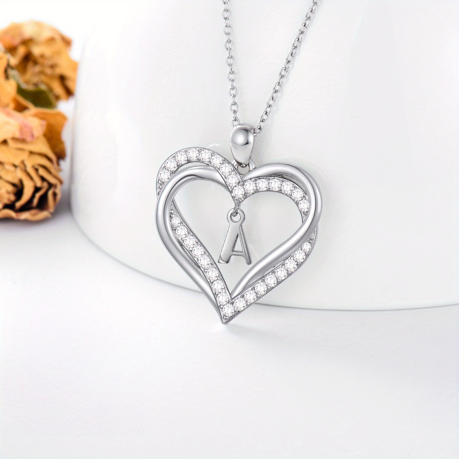 925 Silver Double Heart Initial Necklace Women