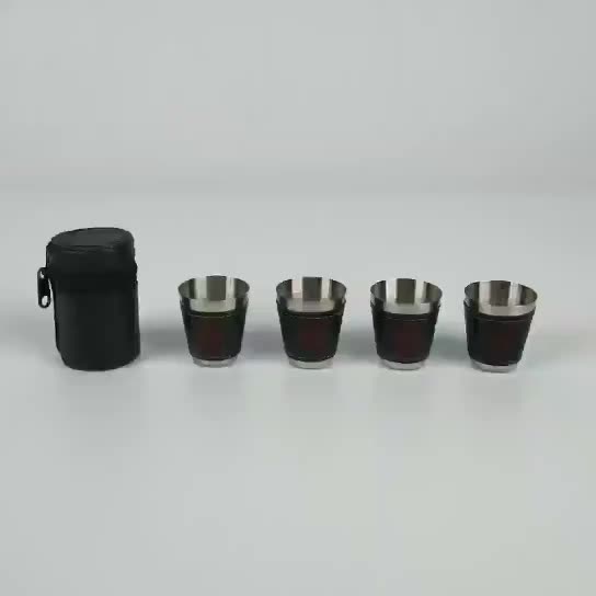 Stainless Steel Shot Cups, Set of 4 Cups, Metal Shot Glasses, Stackable,  Hip Flask Small with Leather Bag for Outdoor 