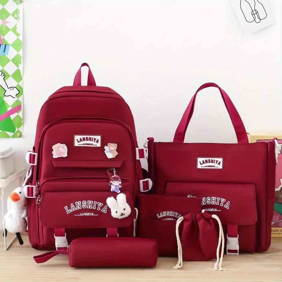 Juego de 5 mochilas sólidas, bolso cruzado grande con capacidad amplia, monedero sencillo, bandolera ligera para estudiantes, incluye llavero pato y 3 conejitos - Imagen 15